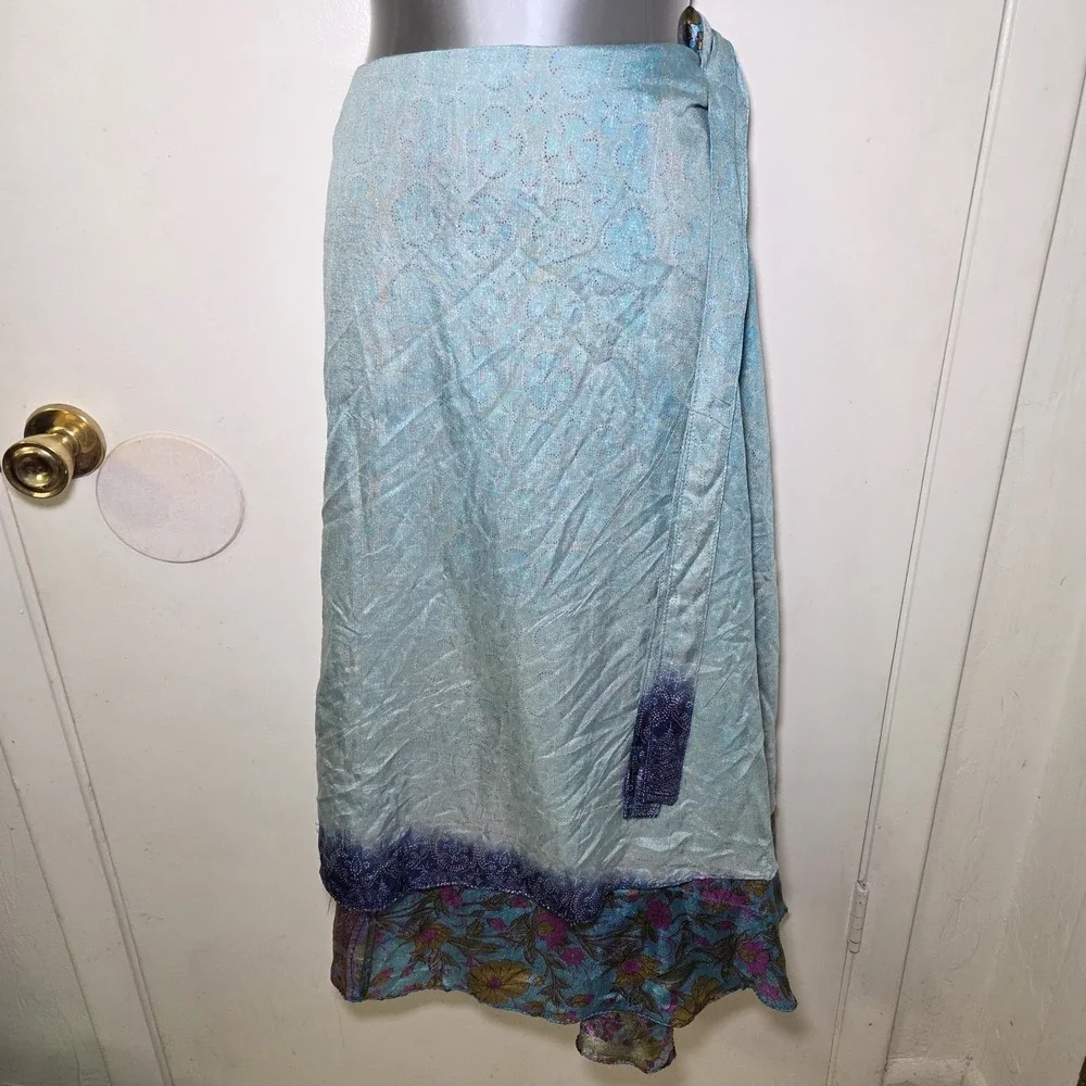 Silk Blend Reversible Wrap Skirt Blue Floral Paisley Boho Sarong Hippie Festival